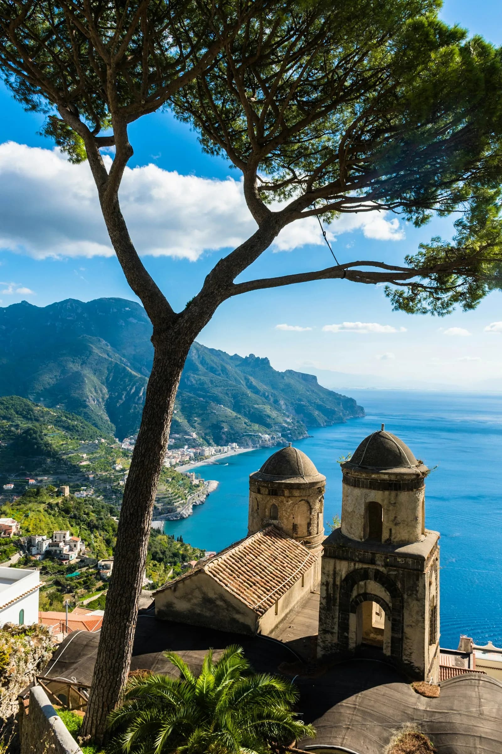 The domes of Villa Rufolo, with the sea three hundred metres below
