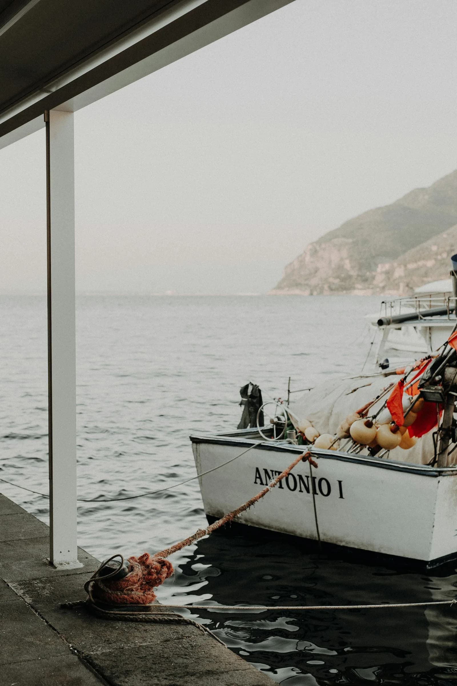 A fishing gozzo moored at dawn under a pergola